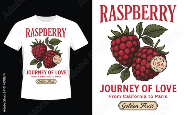 Fototapeta Retro raspberry journey of love t shirt design with vintage fruit illustration
