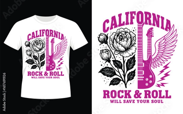 Fototapeta California rock and roll t shirt design with guitar and rose graphic