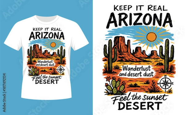 Fototapeta Keep it real arizona desert sunset t shirt design with iconic landmarks