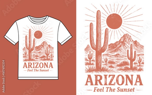 Fototapeta Arizona desert sunset t shirt design with saguaro cacti and mountains