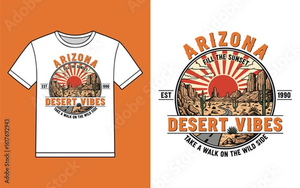 Fototapeta Arizona desert vibes t shirt design with vintage sunset and mountain landscape