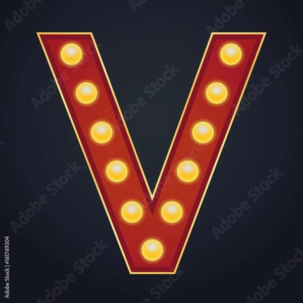 Obraz Letter V alphabet sign marquee light bulb vintage carnival or circus style ,Vector illustration