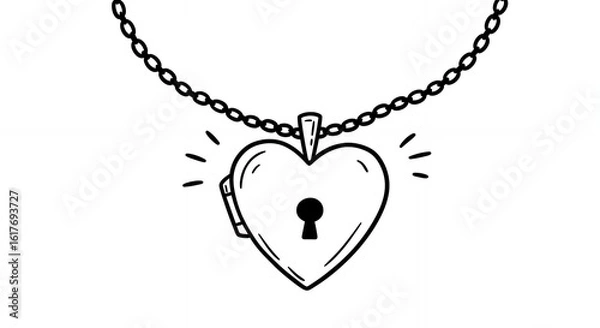 Obraz Heart Locket on Delicate Chain in Black and White Drawing with Keyhole and Radiating Lines Against a White Background