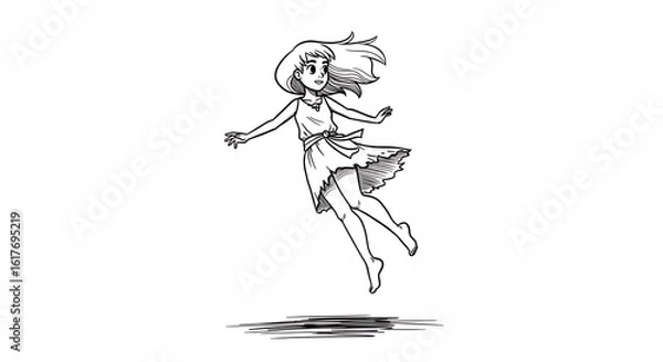 Fototapeta Monochrome Cartoon of a Girl in Dress Levitating Above Dark Surface in a Simple Line Drawing Style on White Background