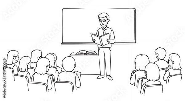 Obraz Monochrome Drawing of a Man Lecturing to an Audience in a Classroom with Whiteboard Podium and Rows of Chairs in Black and White Line Art Style