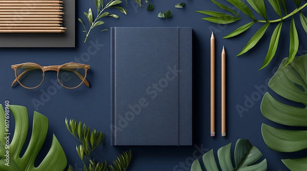 Fototapeta Stylish desk setup with notebook glasses pencils and tropical leaves on a dark blue background