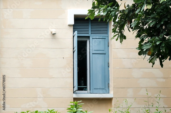 Fototapeta old wooden window building in Bangkok Thailand which use European and Chinese architecture styles.