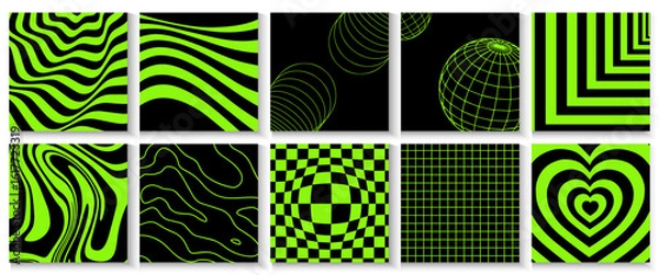 Fototapeta Rave psychedelic acid dripping poster, cards banner background set. surreal geometric shapes, waves, strps abstract on neon dark green  patterns in trendy style vector.