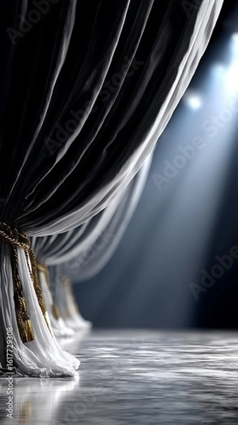 Fototapeta Dramatic stage curtains lit by a single spotlight with waiting for the show.
