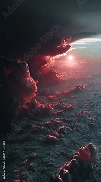 Fototapeta Dramatic Sunset Above the Clouds Aerial View with Red and Dark Hues.