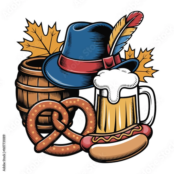 Fototapeta Oktoberfest Icons Vector Set Beer, Pretzel, Hat, Sausage & Autumn Elements
