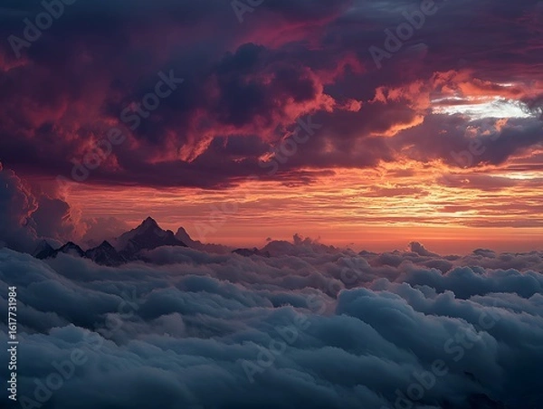 Fototapeta Dramatic Sunset over Mountains Above Clouds with Vibrant Sky, and Majestic Nature View.
