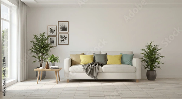 Fototapeta Scandinavian style living room interior with a comfortable white sofa, colorful accent pillows, and large houseplants. Modern home design with copy space on the white wall.