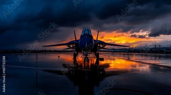 Fototapeta Dramatic Sunset View F14 Tomcat Jet Reflected on Wet Runway.