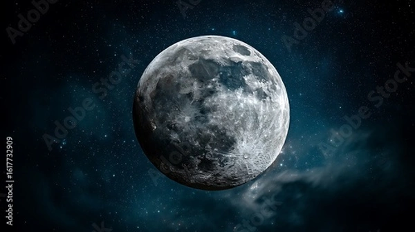 Fototapeta Dramatic View Full Moon in Space with Nebulae, Stars, Astronomy, and Night Sky Backdrop.