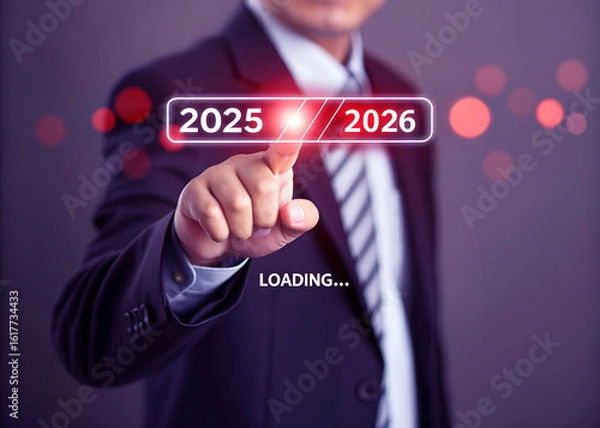 Obraz A man is loading year 2025 to 2026 by placing his finger on a screen. He has made a new idea to develop his job or business. 