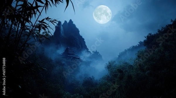 Obraz Misty mountain landscape bathed in moonlight.