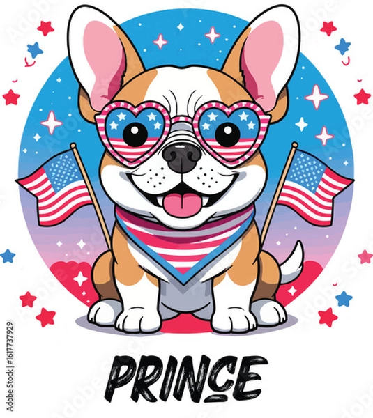 Fototapeta Kawaii Patriotic Puppy with Heart Sunglasses and American Flags – Cute Sticker-Style Illustration