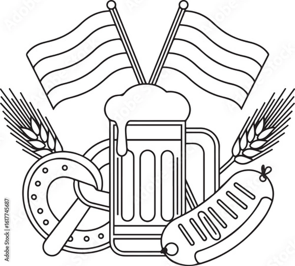 Fototapeta Oktoberfest Icon Set Beer, Pretzel, Sausage, Flags & Barley Line Art
