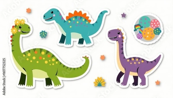 Fototapeta Cute cartoon dinosaurs in various colors, decorated with flowers and dots.