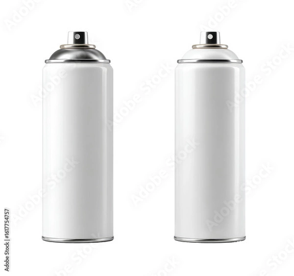 Obraz Two identical white spray paint cans, metallic silver caps, side-by-side