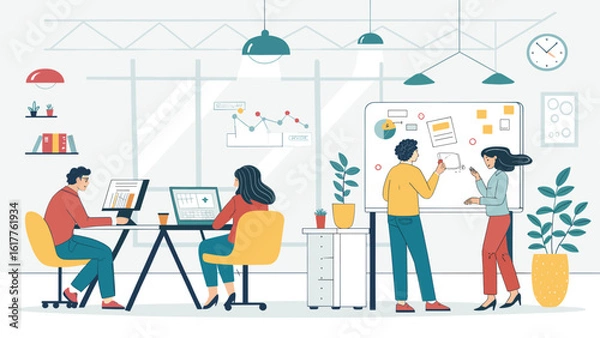 Fototapeta Teamwork in a modern office: Illustration perfect for websites, presentations, and brochures.