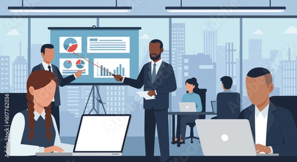 Fototapeta Diverse business team in a modern office giving a presentation with charts and graphs. Perfect for websites, reports, and presentations.