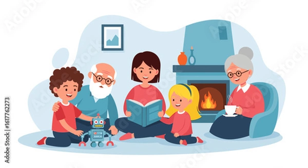 Fototapeta Happy multigenerational family reading a book together by a fireplace. Perfect for family, togetherness, and warmth concepts.