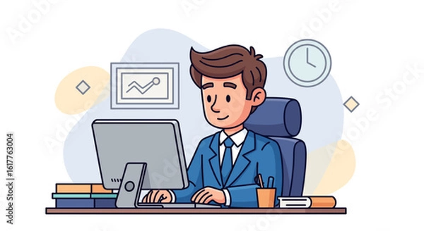 Fototapeta Businessman working on computer, perfect for website banners or business presentations.