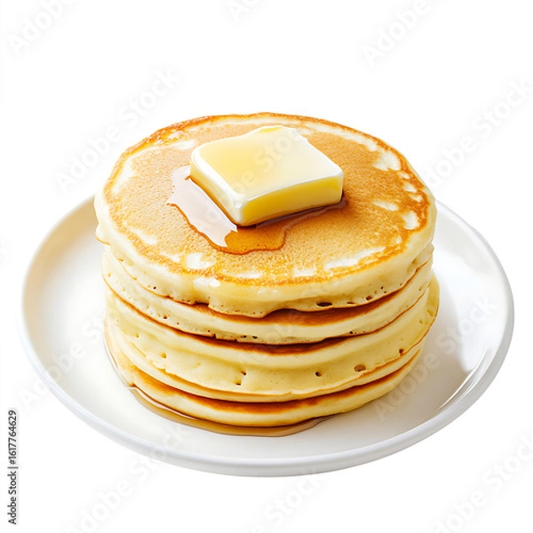 Fototapeta Stack of golden pancakes topped with a pat of melting butter on a white plate