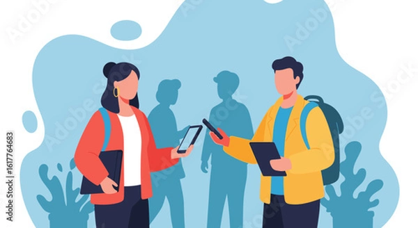 Fototapeta Two young adults using smartphones and tablets, perfect for a website or app showcasing technology or communication.