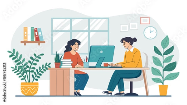 Fototapeta Two colleagues collaborating on a project at their office desk. Perfect for website banners, marketing materials, or presentations.