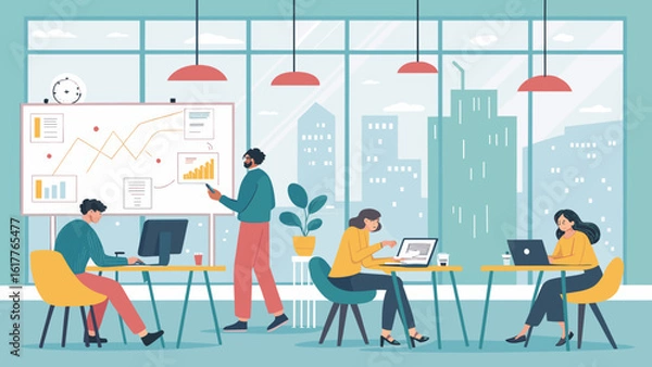 Fototapeta Modern office workers collaborating on projects, perfect for business presentations or website banners.