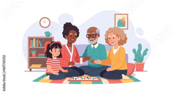 Fototapeta Happy multigenerational family playing a board game together at home. Perfect for websites, brochures, and family-themed content.