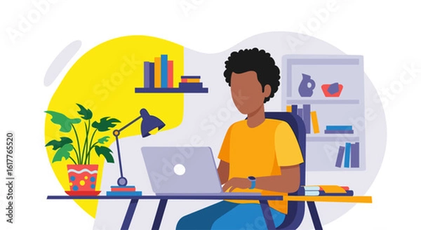 Fototapeta Person working on laptop at home office, perfect for remote work, freelance, or productivity blog illustrations.