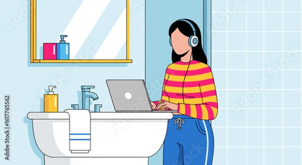 Fototapeta Woman working on laptop in bathroom, perfect for blog post on work-life balance or remote work.