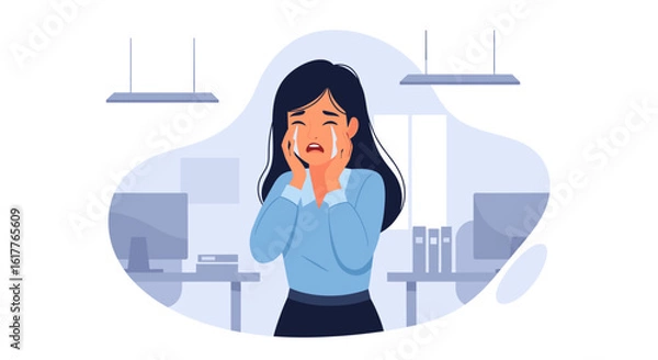 Fototapeta Upset businesswoman crying at work, suitable for articles on workplace stress and mental health.