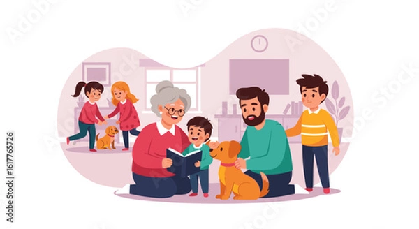 Fototapeta Happy multigenerational family with pets at home, perfect for family, love, and togetherness themed projects.