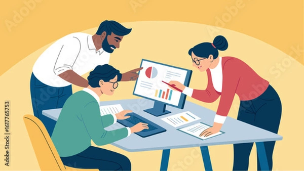 Fototapeta Diverse team collaborating on data analysis; perfect for presentations on teamwork, data analysis, or business strategy.