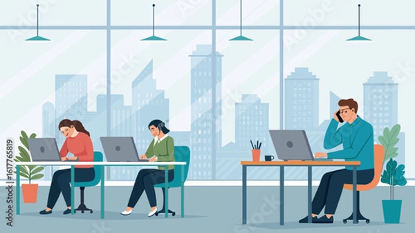 Obraz Modern office workers collaborating, perfect for website banners or business brochures.