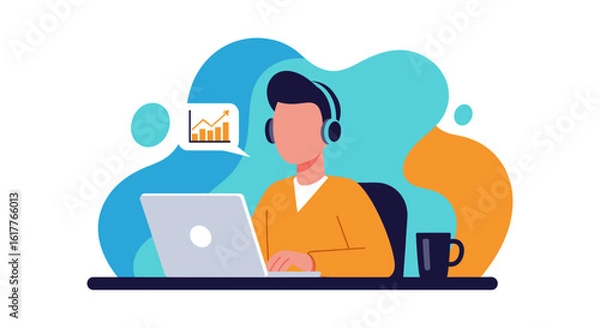 Fototapeta Person using laptop with headphones, showing growth chart - perfect for website banners, presentations, or blog posts about business success.