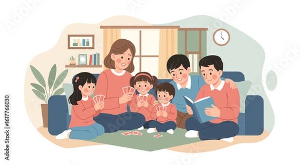 Fototapeta Happy family playing cards and reading together at home. Perfect for family blogs, websites, and articles about family time.