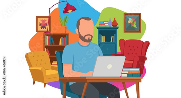 Fototapeta Man working from home on laptop, comfortable home office setting, ideal for website or blog post.