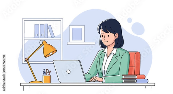 Fototapeta Businesswoman working on laptop at desk, perfect for website landing pages or business brochures.