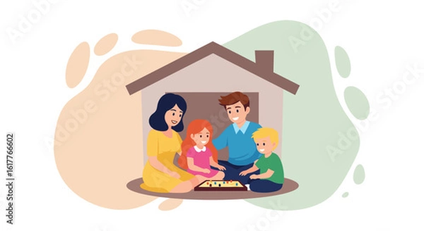 Fototapeta Happy family playing a board game at home, perfect for family blogs and websites.