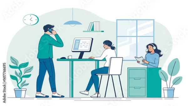 Fototapeta Modern office teamwork illustration, perfect for websites, presentations, or brochures.