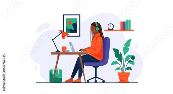 Obraz Happy woman working from home, perfect for remote work blogs or websites.