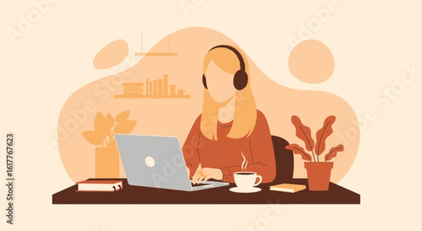 Obraz Woman working from home on laptop, perfect for remote work, freelance, and online business websites.