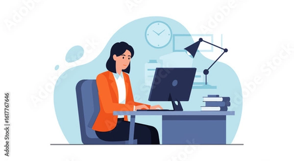 Fototapeta Woman working on computer in modern office - perfect for website banners, presentations, and marketing materials.