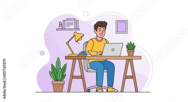 Fototapeta Happy man working on laptop at home office, perfect for blog, website or social media.